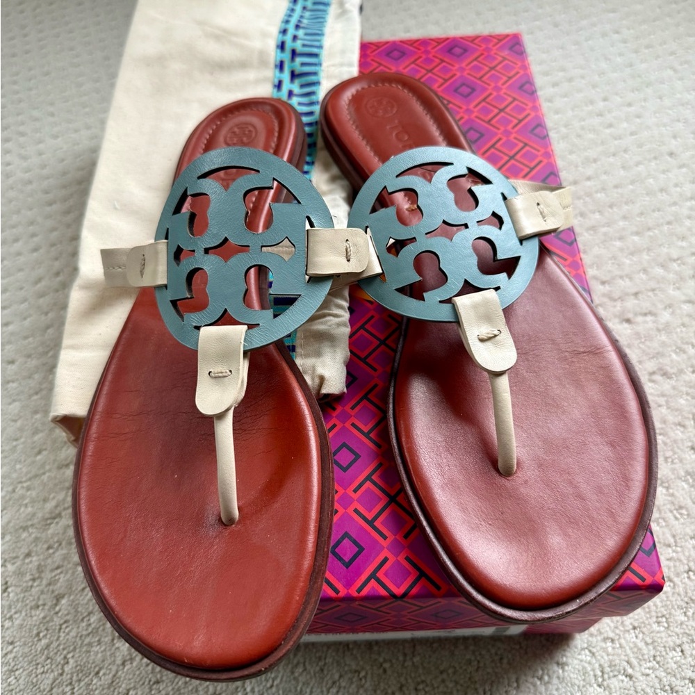 Tory Burch Miller Northern Blue and New Cream Calf Leather Sandals